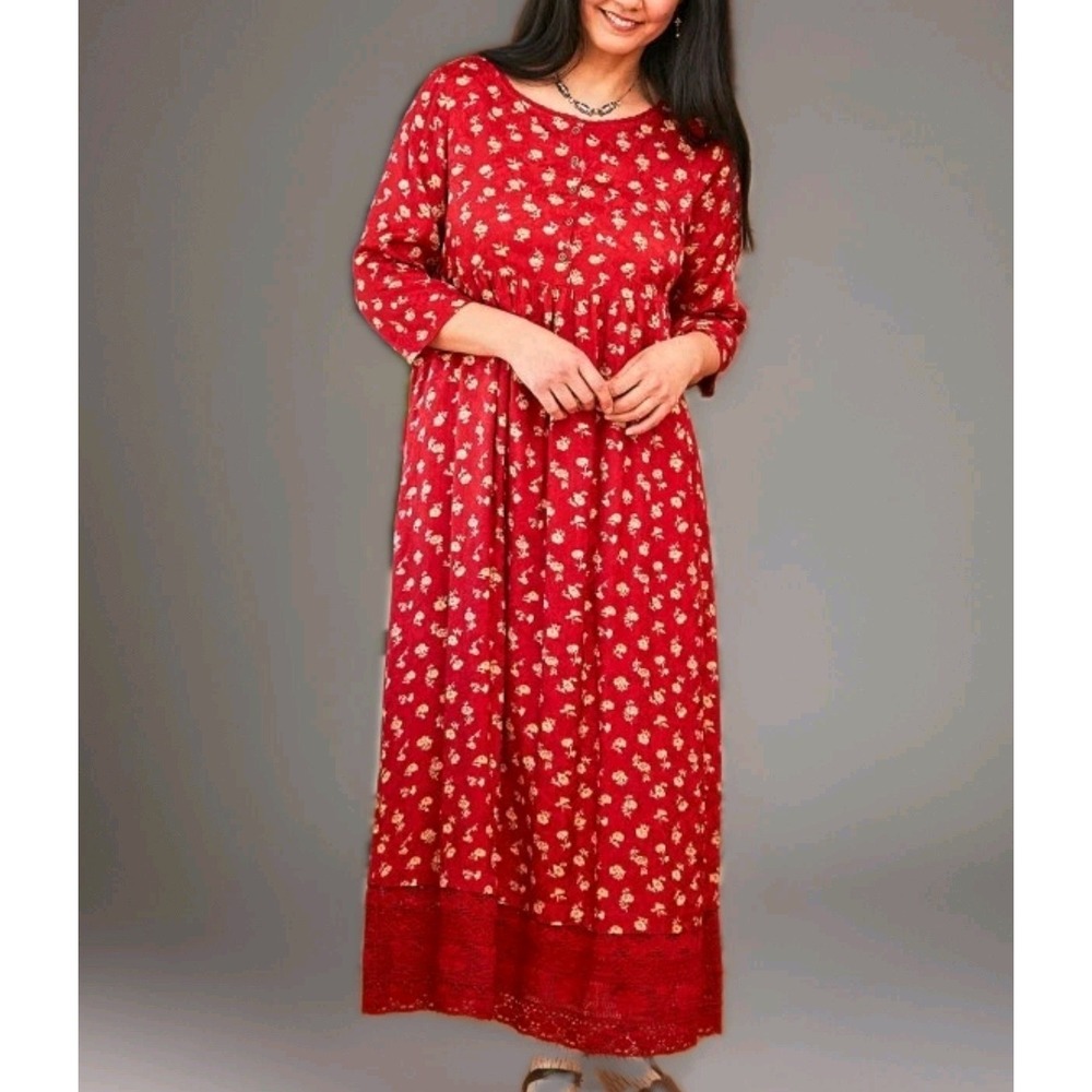 April Cornell Ruby Jaquard Long Red Floral Maxi Dress Size S crocheted Hem EUC